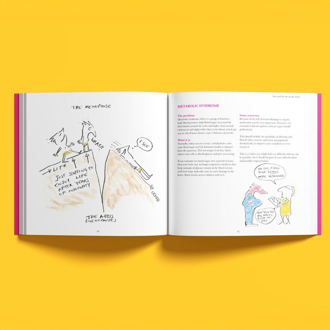 Picture of the white and pink book cover for 'An A to Z for The Nearly Dead' on a yellow background.