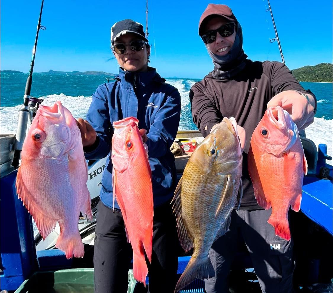 Two Men Are Holding a Bunch of Fish on a Boat — Whitsunday Fishing Charters In Airlie Beach, QLD