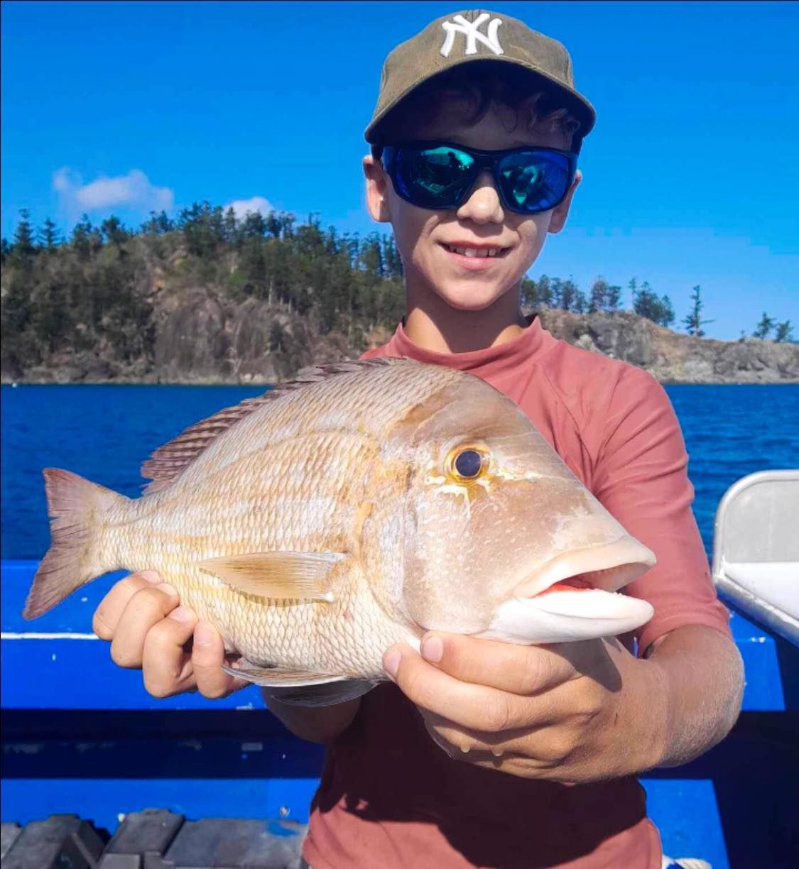 A Boy Wearing a Ny Hat is Holding a Large Fish — Whitsunday Fishing Charters In Airlie Beach, QLD