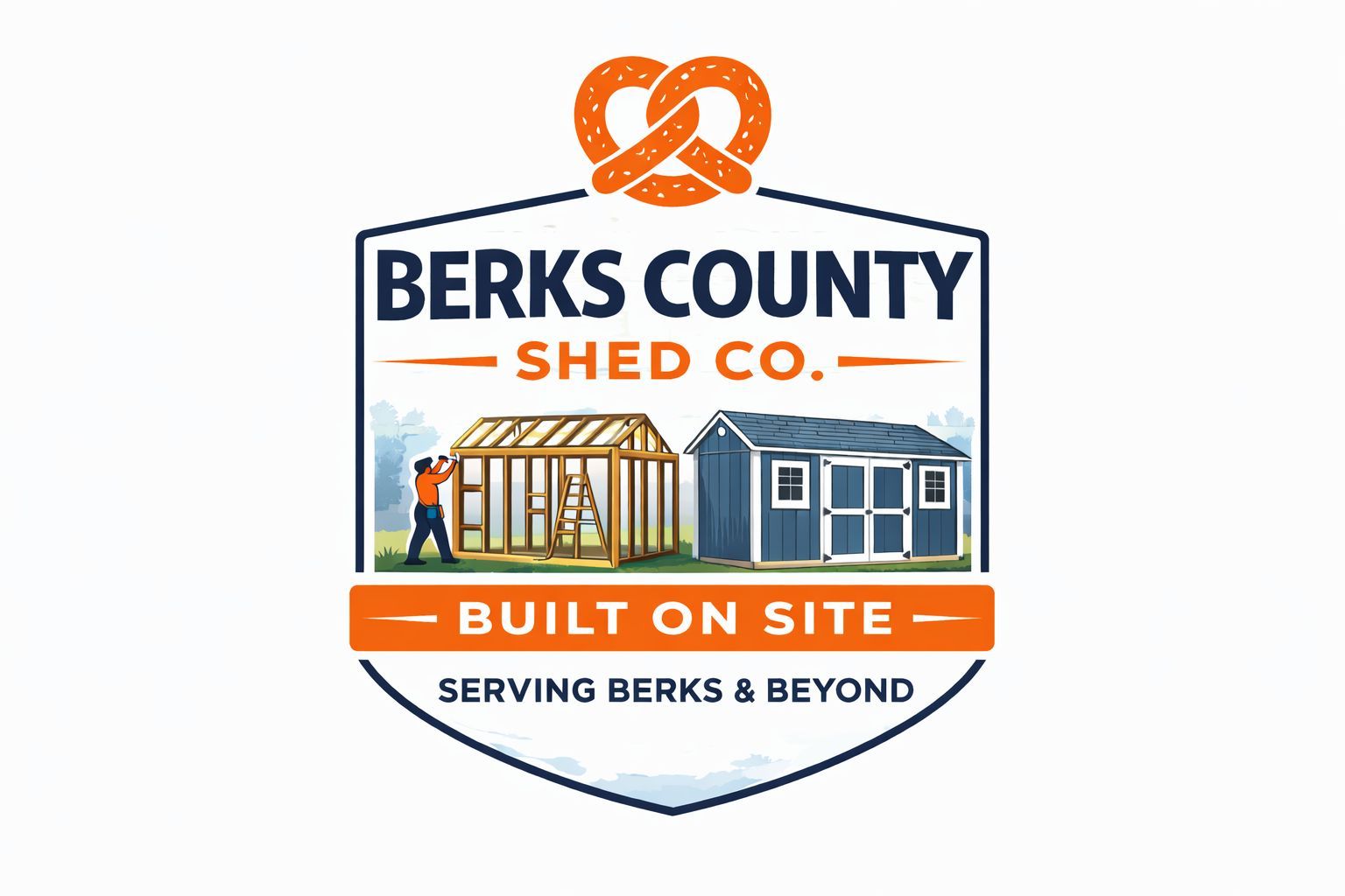 Logo for Berks County Shed Co. with pretzel icon. Shows a shed under construction and a finished blue shed.