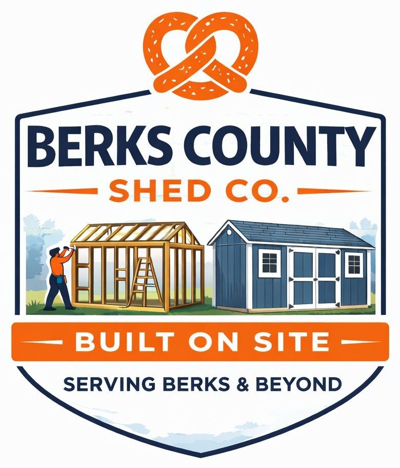 Logo for Berks County Shed Co.: pretzel icon, sheds being built, text 