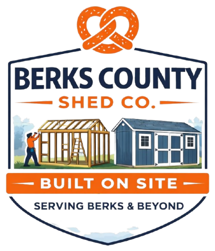 Logo: Berks County Shed Co. with a pretzel, sheds, and a person building a shed.