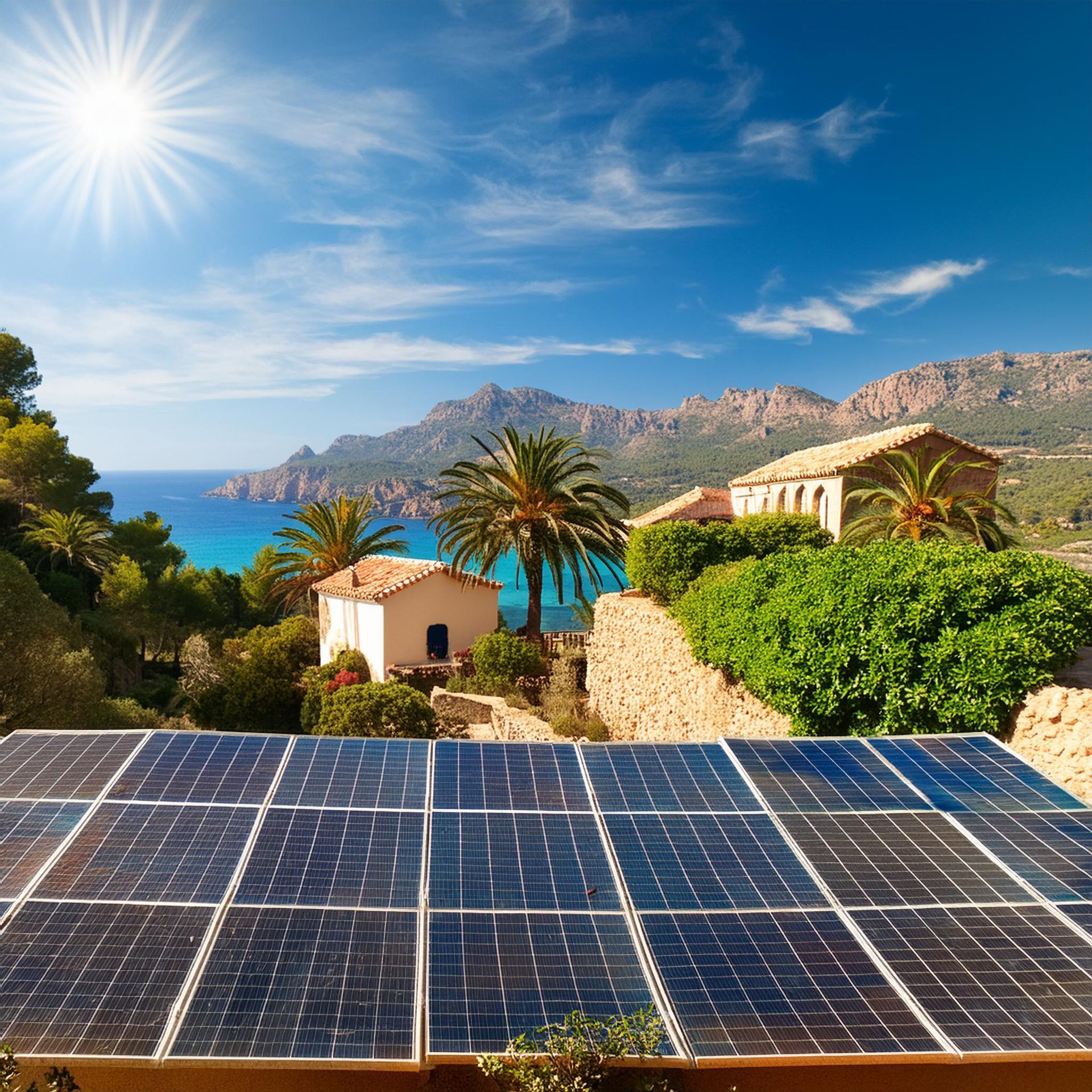 A row of solar panels with mountains in the background