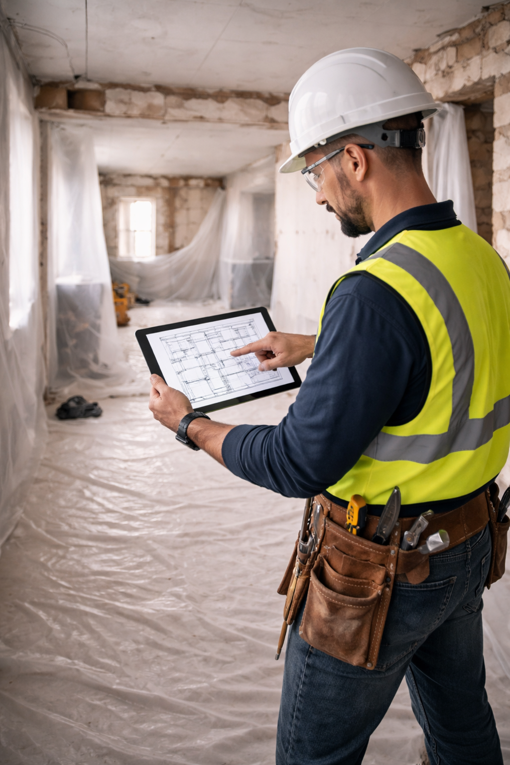 A construction worker in a hard hat and high-vis vest reviews architectural blueprints on a tablet at a renovation site.