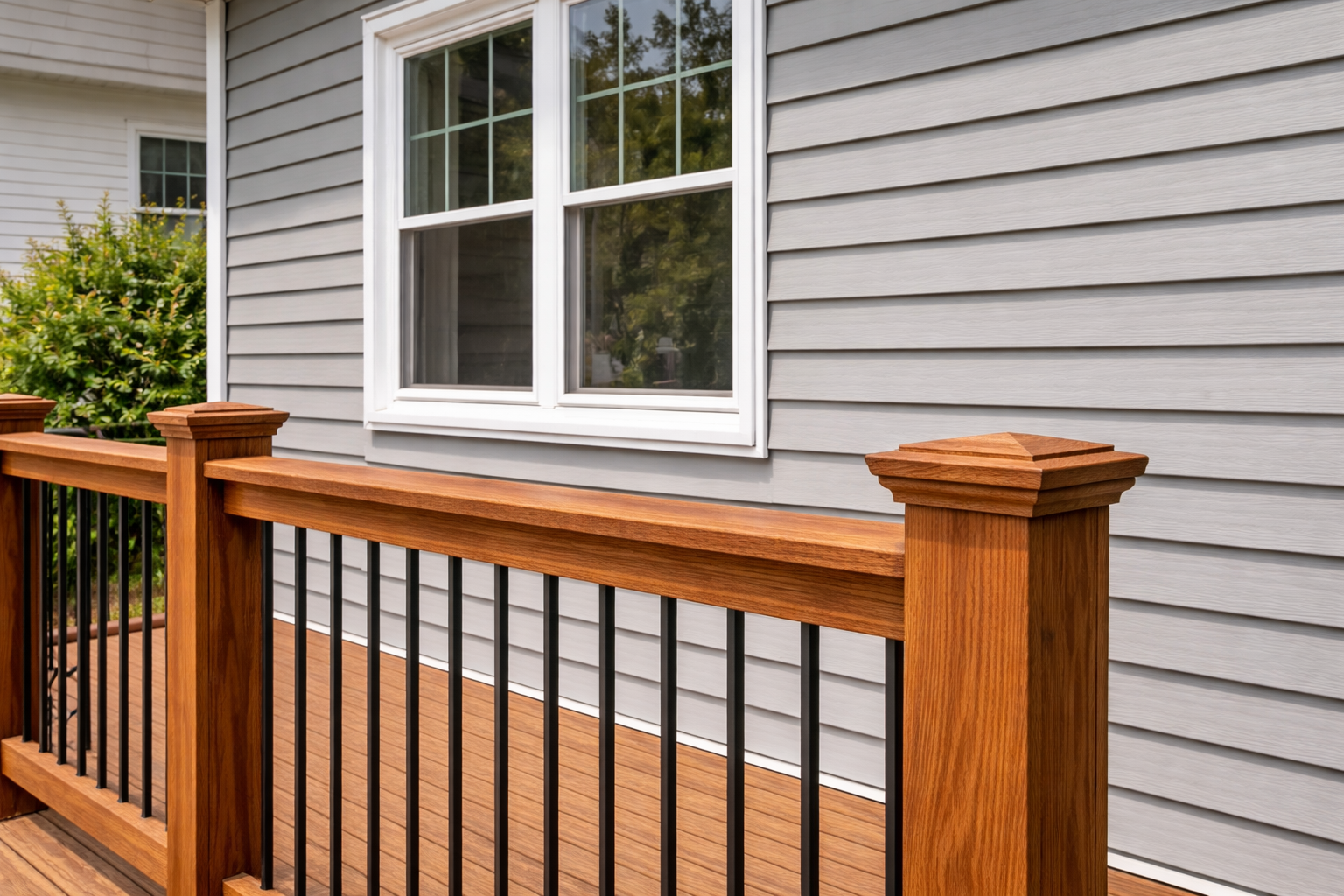 A close-up view of a wooden deck railing with black metal balusters against a house with light grey horizontal siding.