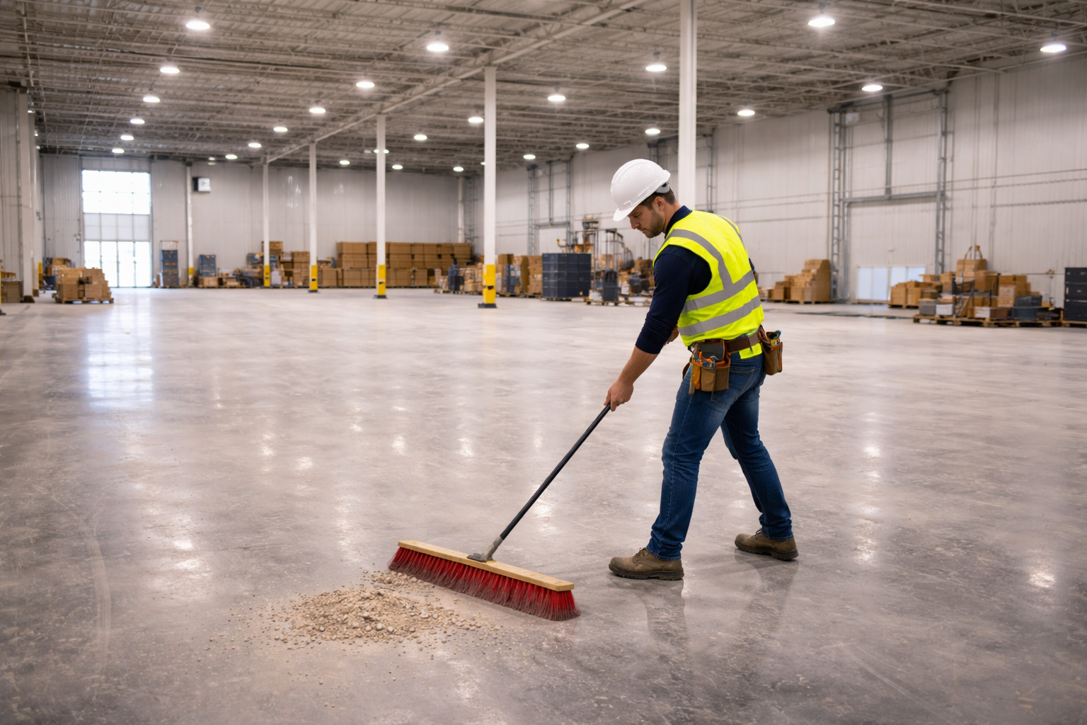 A person in a hard hat and safety vest uses a push broom to clean a large, empty warehouse floor.