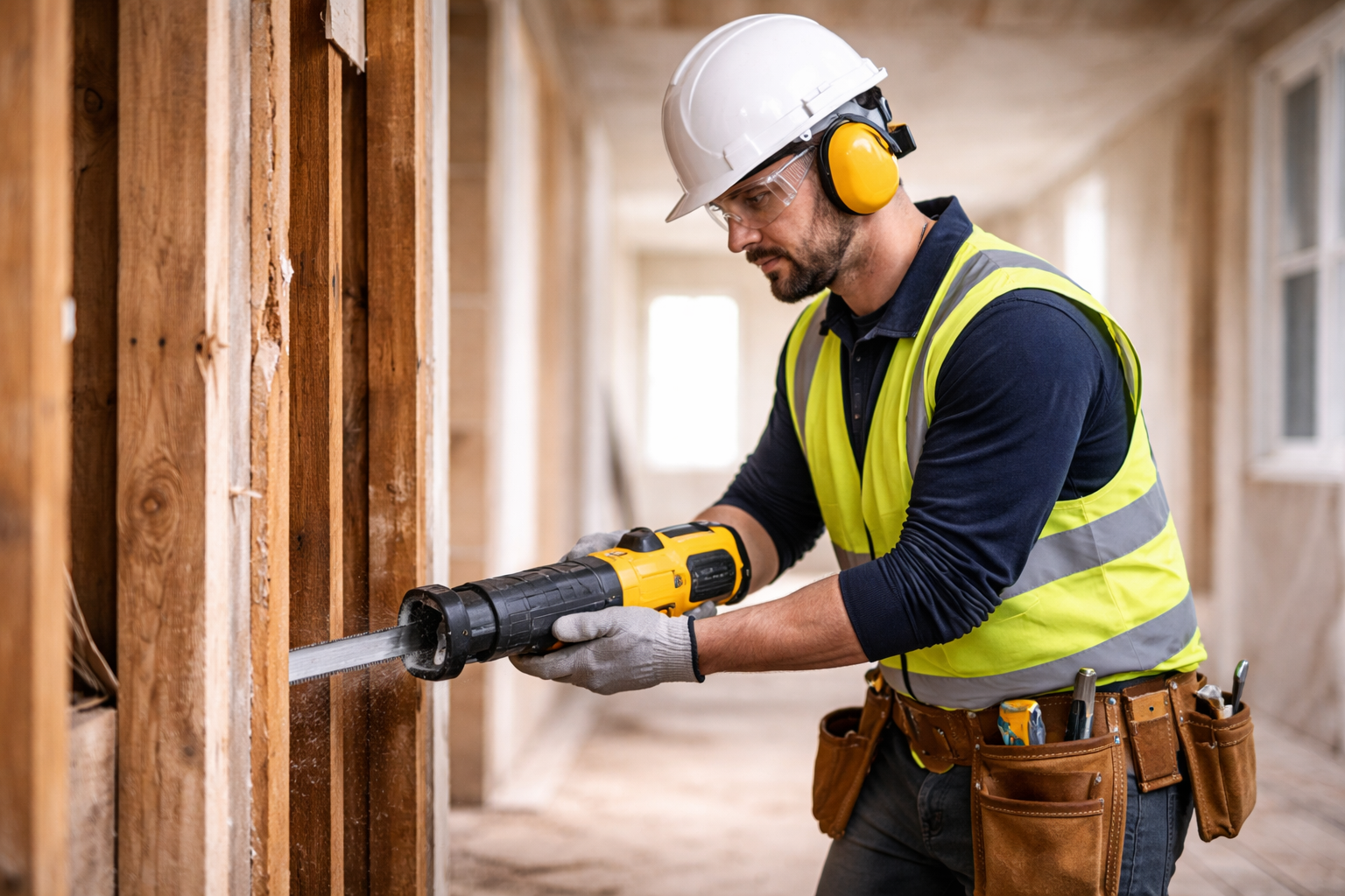 A worker wearing a safety vest, helmet, and ear protection uses a reciprocating saw to cut a wooden wall stud.