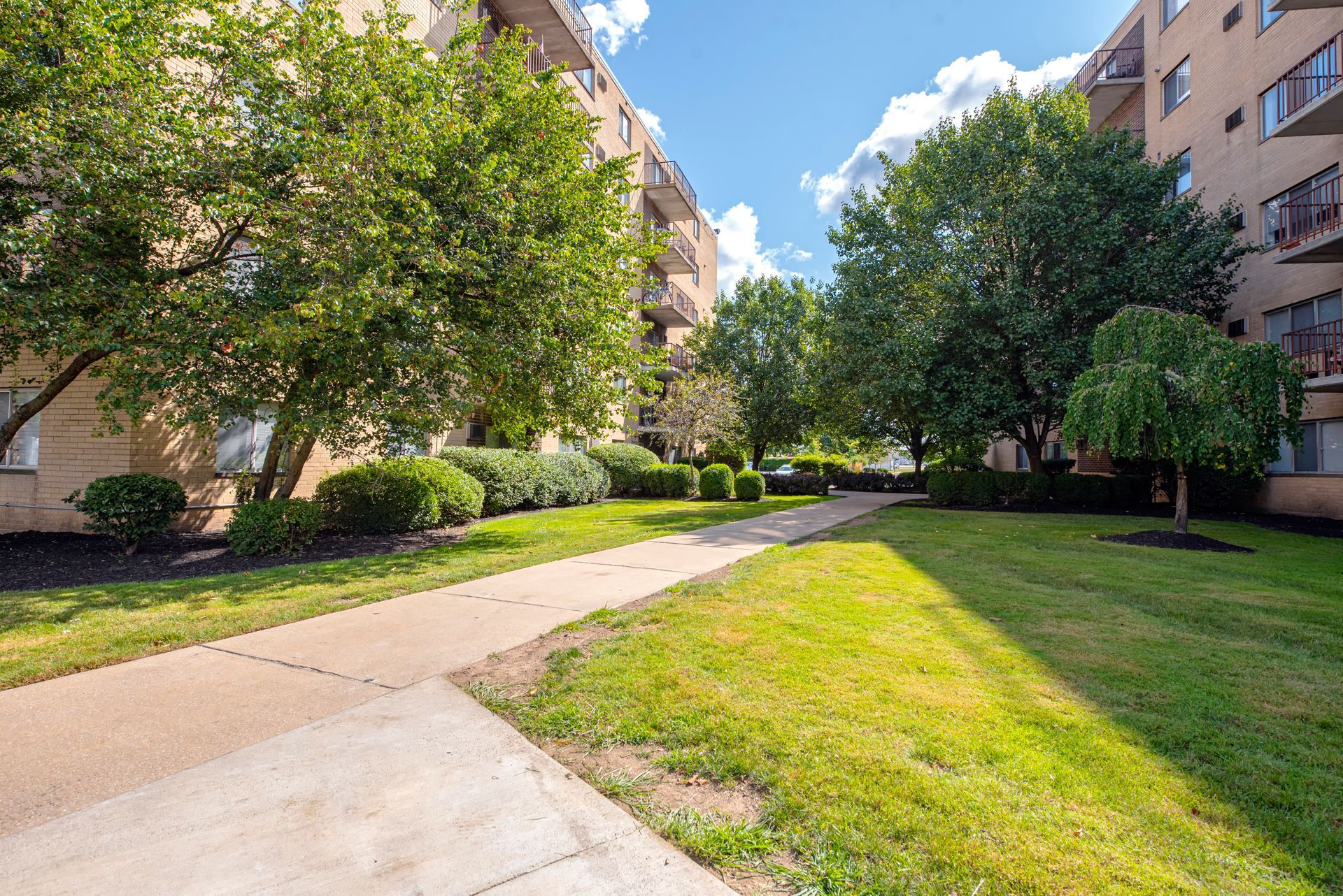 A walkway leading to a building with a lot of grass and trees.