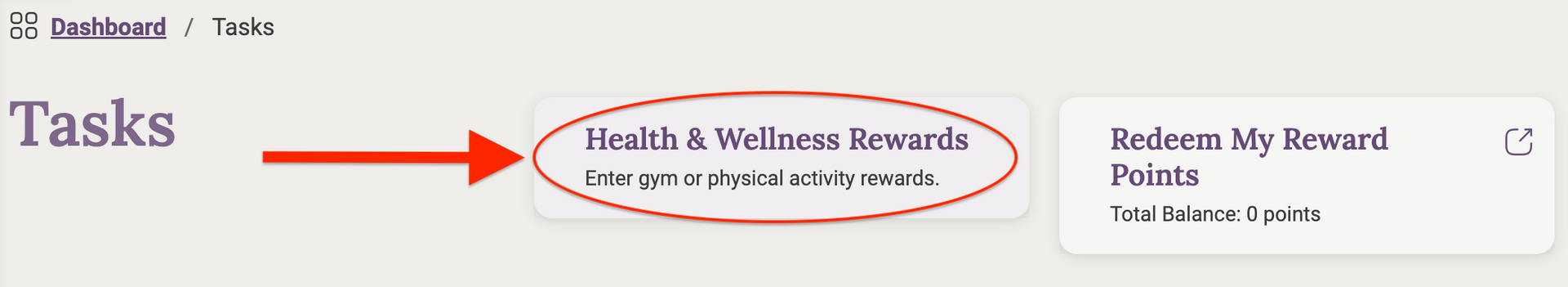 Dashboard displaying a task labeled 