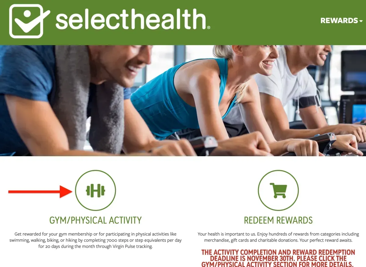 SelectHealth website with a photo of people exercising and an icon for gym/physical activity.
