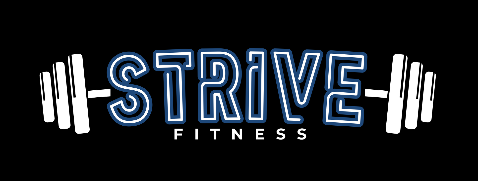 Logo for Strive Fitness: text "STRIVE FITNESS" flanked by barbell weights, neon-blue outline on a black background.
