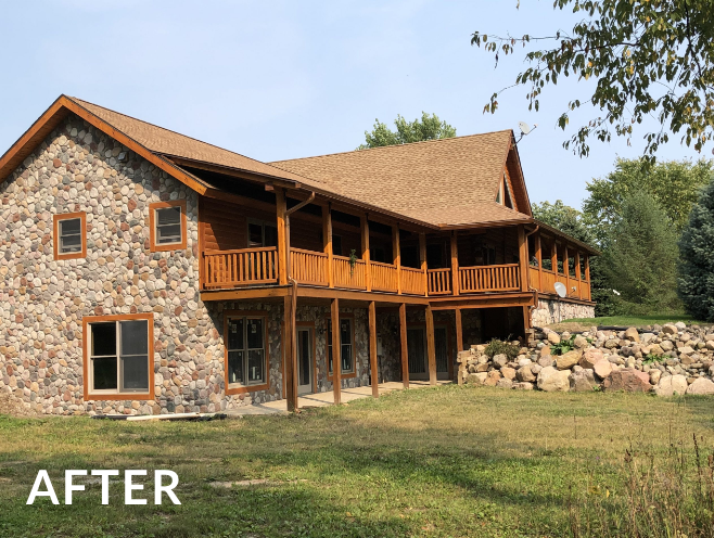 A large stone house with a wooden porch and the words after on the bottom