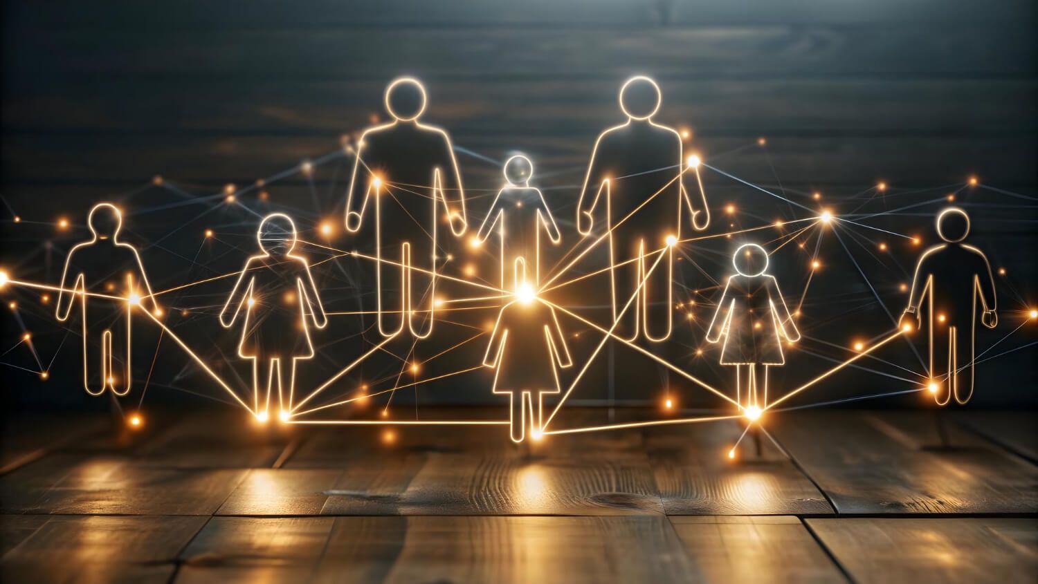 Artistic representation of connected human figures with golden light connections illustrating the Internal Family Systems model and interconnected parts of self