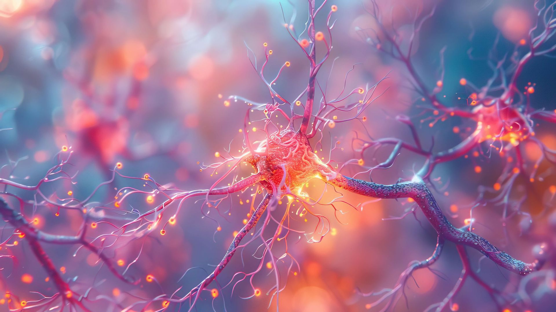 Colorful digital illustration of interconnected neural pathways and synapses representing the nervous system's complex communication network in polyvagal theory