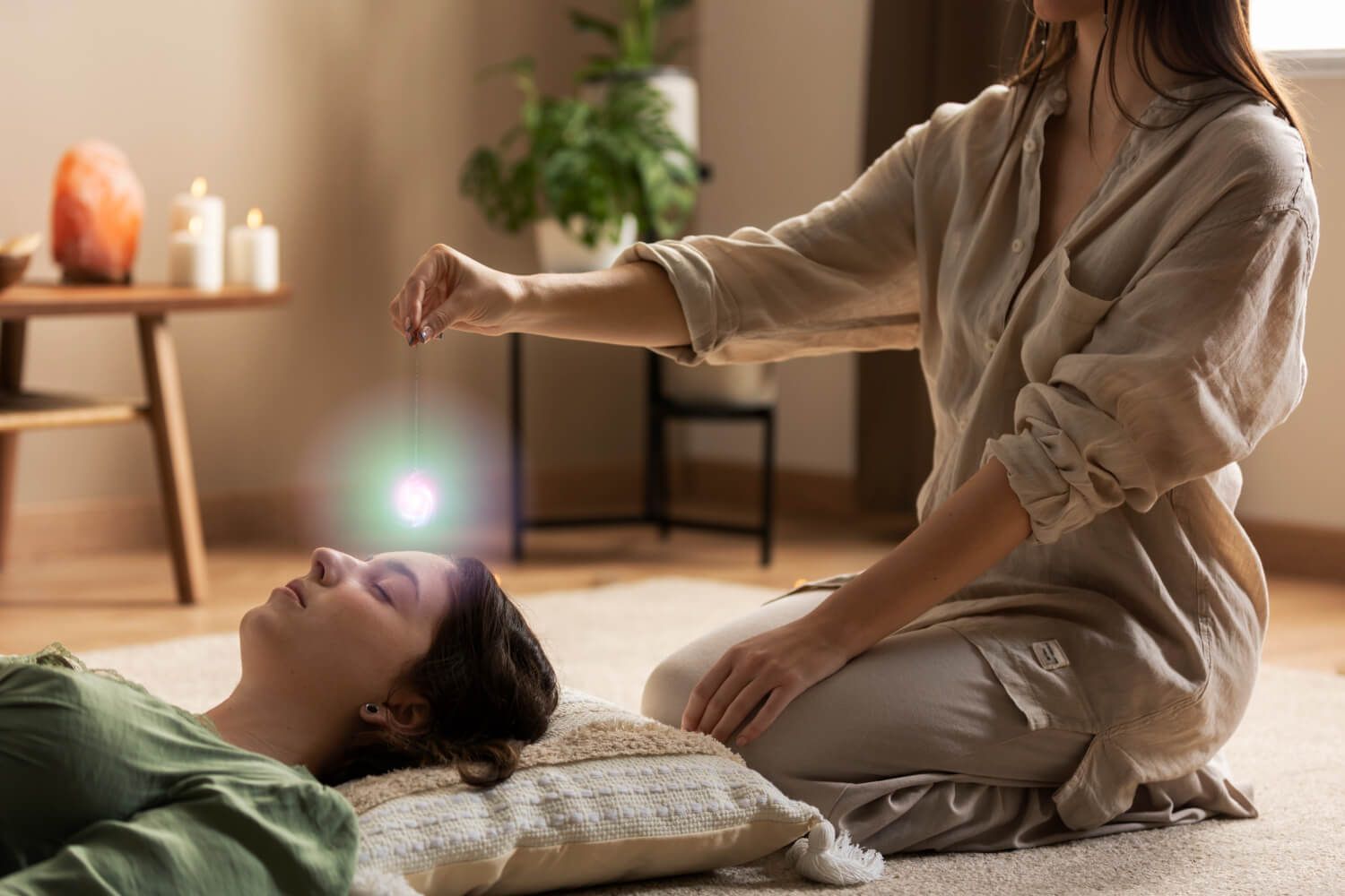 Somatic therapist working with client in warm, comfortable therapy room setting demonstrating integrated mind-body healing approach