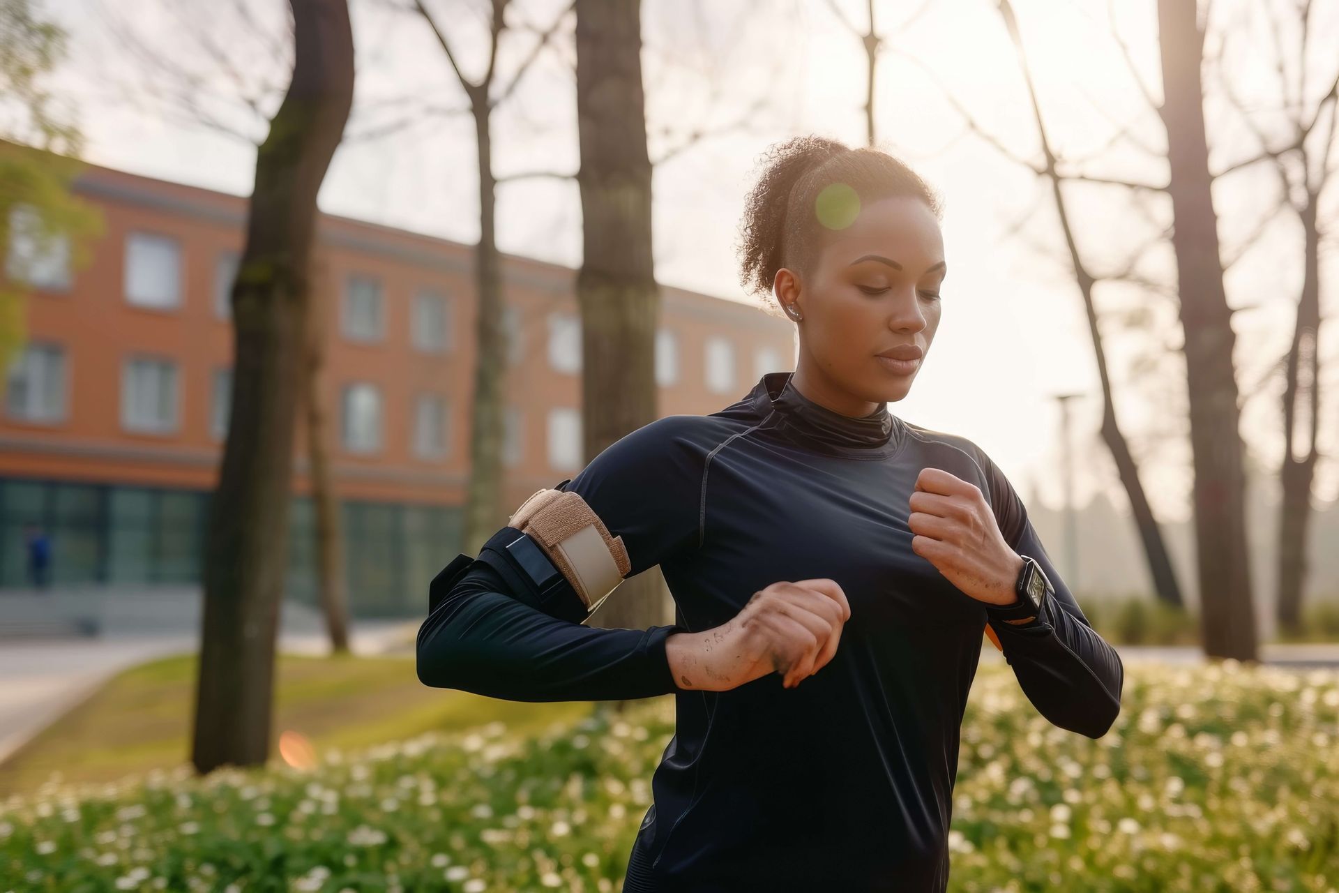 African American woman in athletic wear checking her smartwatch while running outdoors, demonstrating healthy nervous system regulation and physical activity for trauma recovery