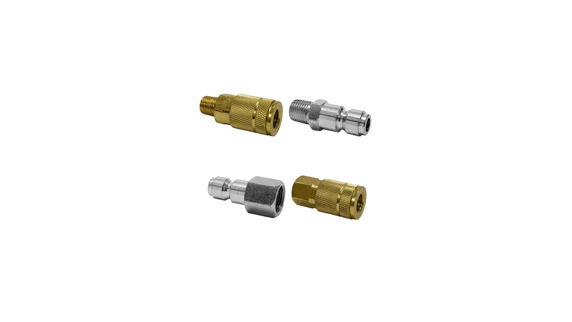 Four metal quick-connect air hose fittings in gold and silver on a white background