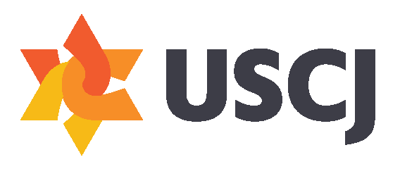 USCJ's logo - an orange, yellow, and red star of David is to the left of USCJ, written in charcoal grey