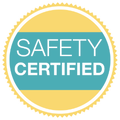 a safety certified sticker in a yellow and blue circle