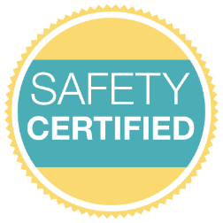 a safety certified sticker in a yellow and blue circle