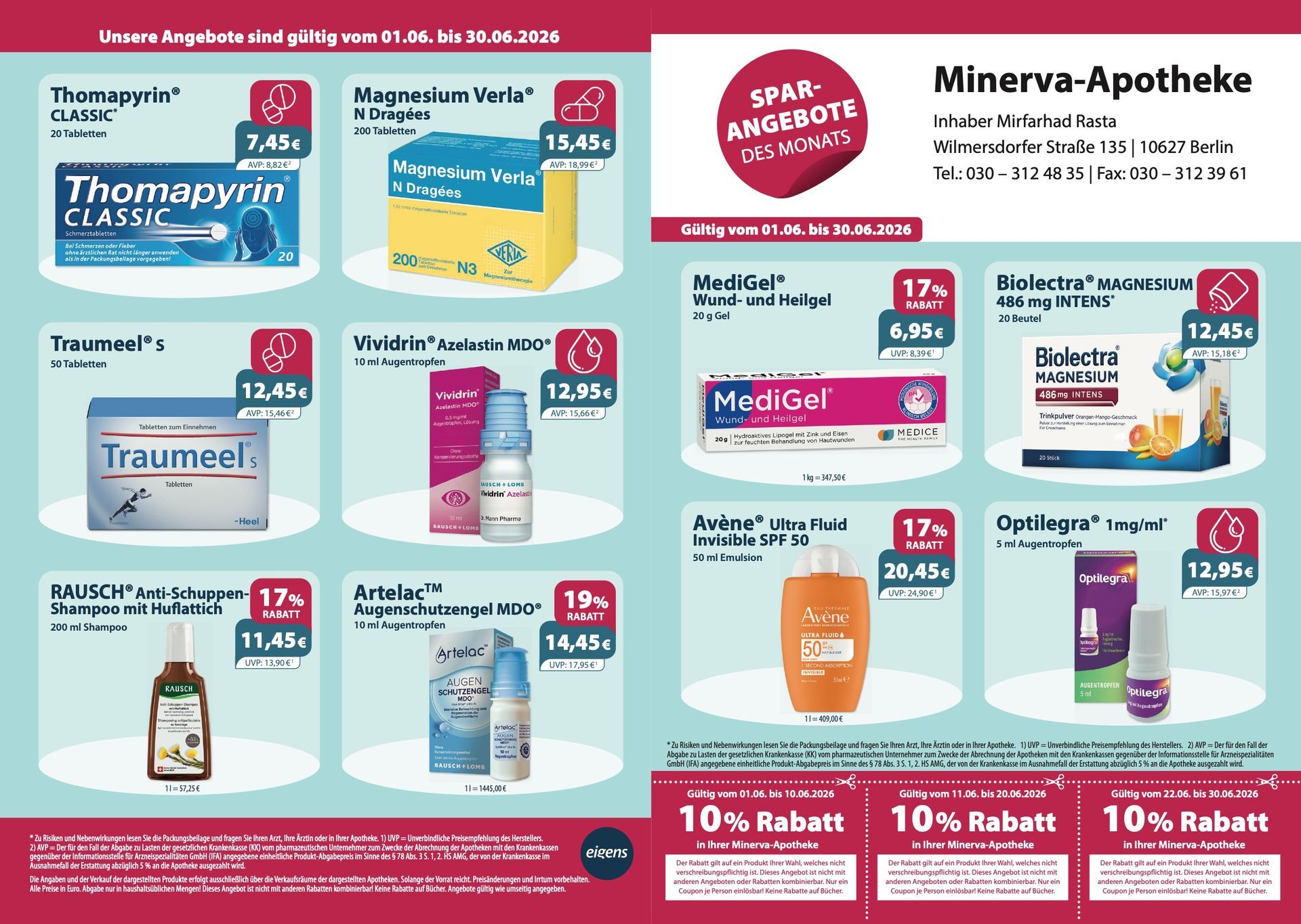 Ein Werbeflyer der Minerva-Apotheke mit verschiedenen Gesundheitsprodukten, reduzierten Preisen und Aktionscoupons.