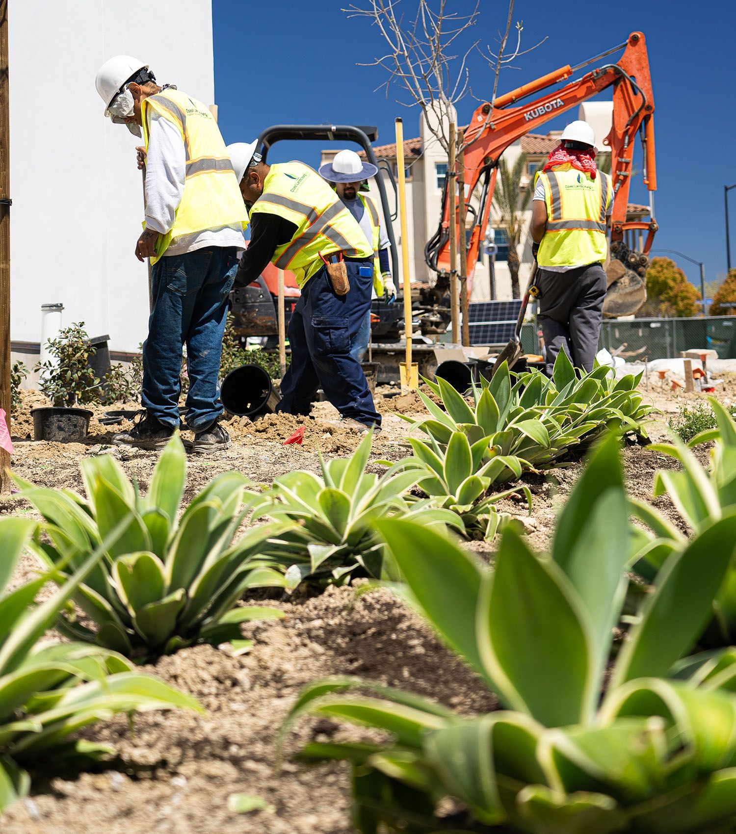 A group of construction workers are working in a field