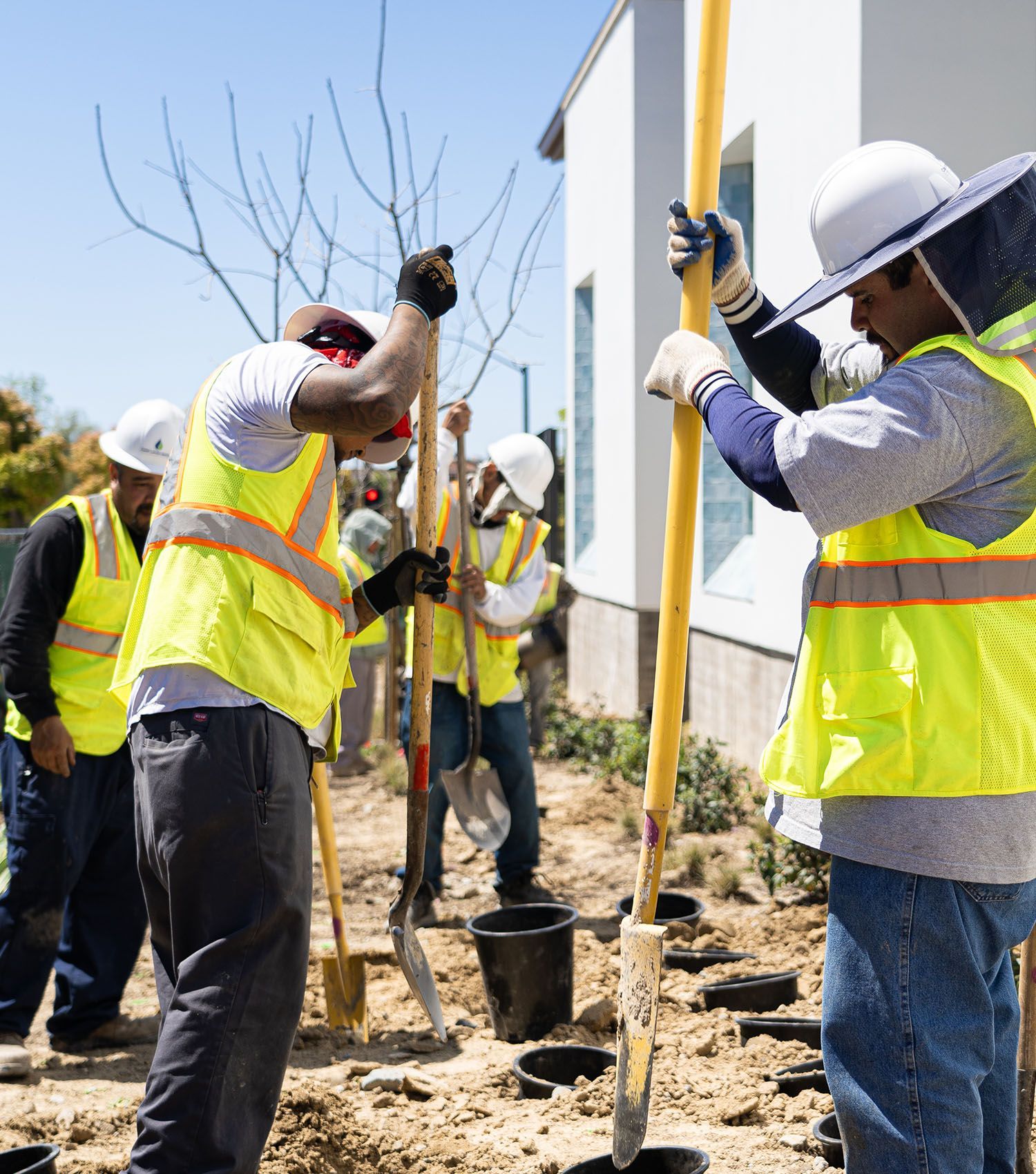 A group of construction workers are digging in the dirt