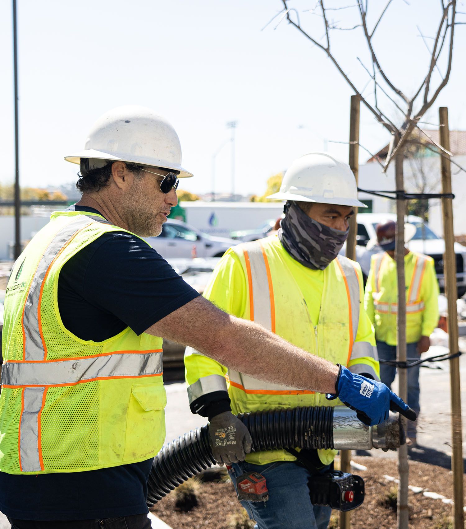 Two construction workers wearing safety vests and hard hats are working on a tree.