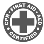 A cpr first aid certified logo with a cross in a circle.
