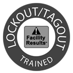 A black and white logo for lockout / tagout facility results trained.