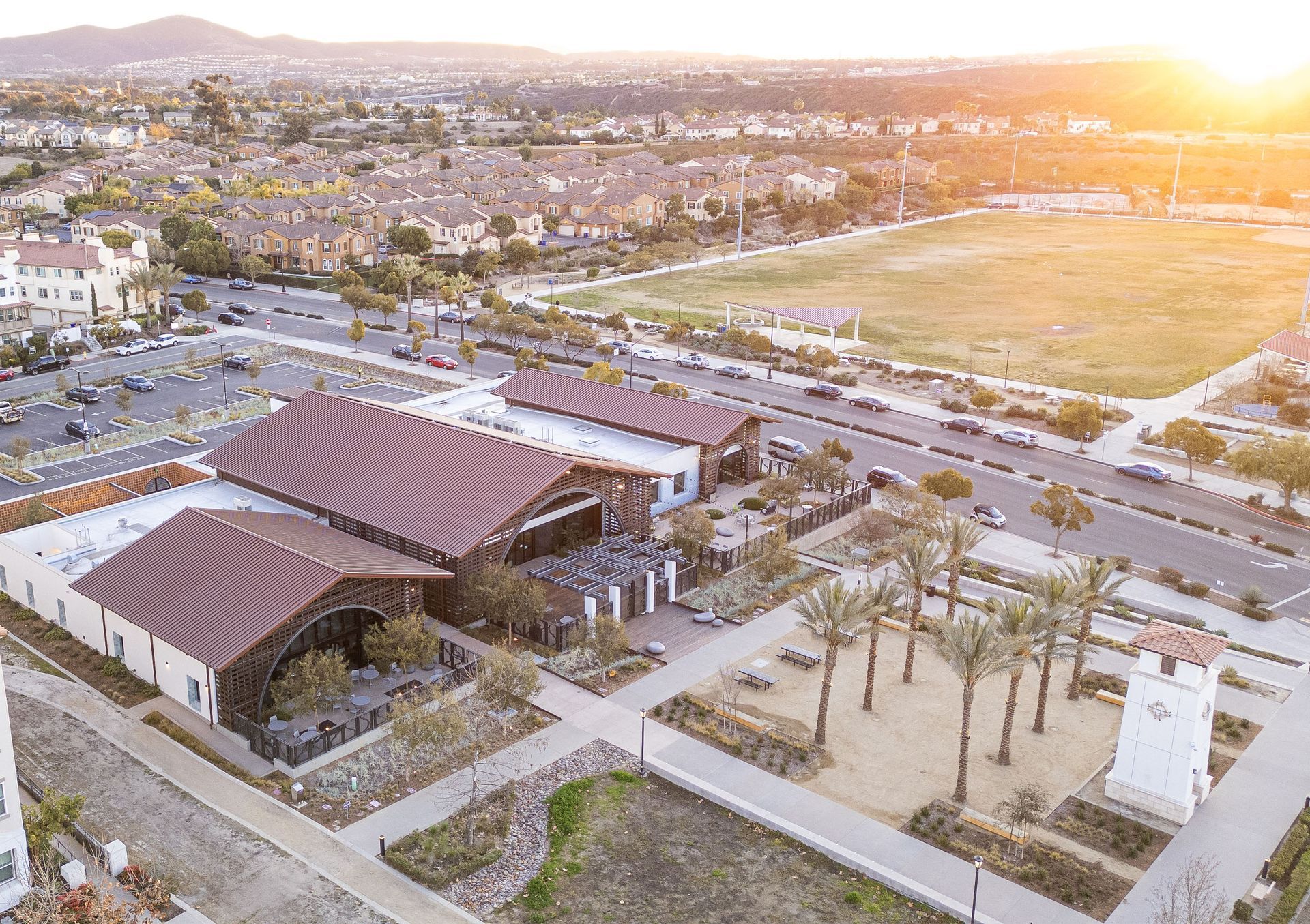 An aerial view of a city with a lot of buildings and trees.