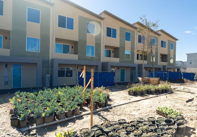 A row of apartment buildings under construction with potted plants in front of them