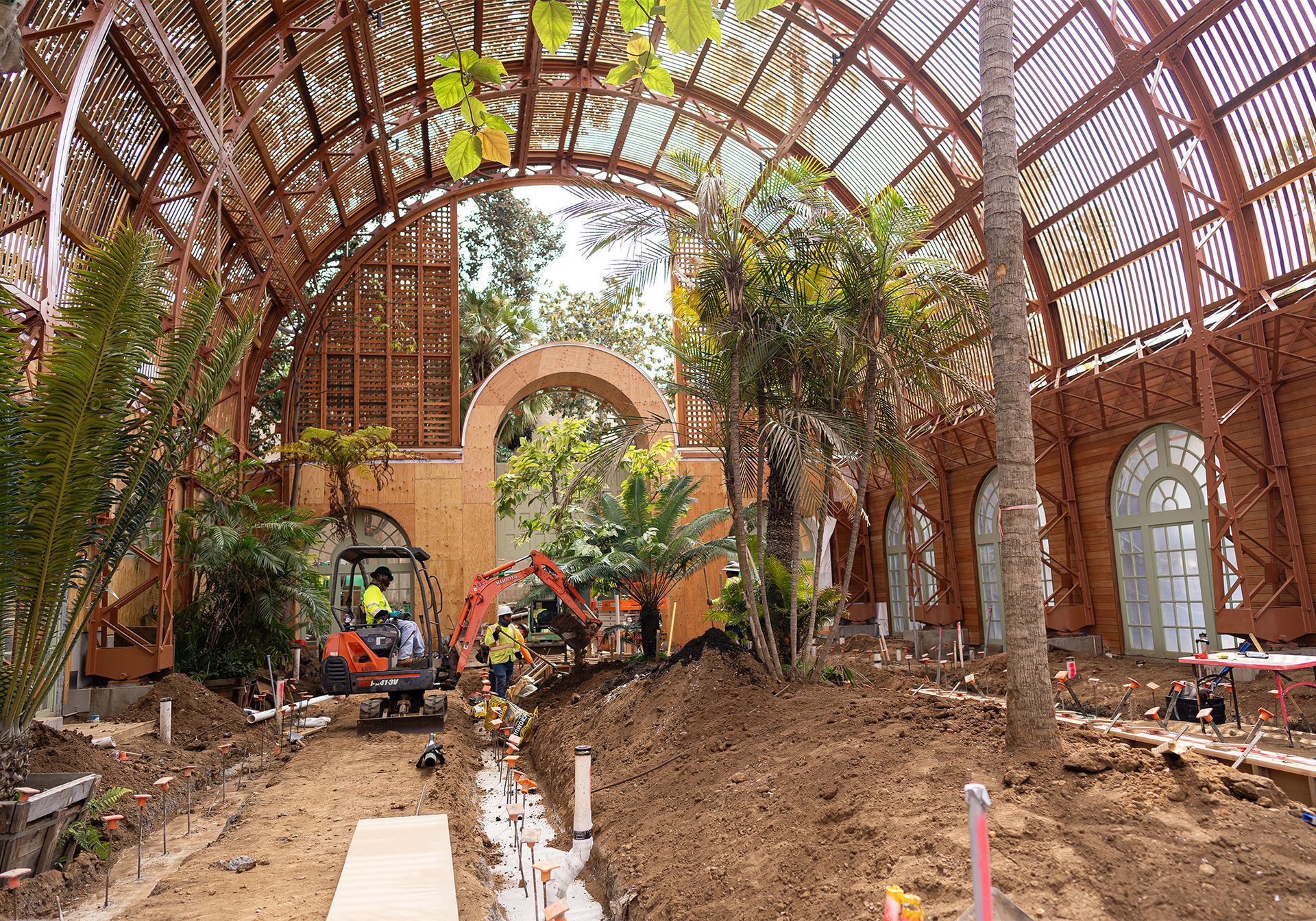 A large building is being built with a lot of trees and plants.