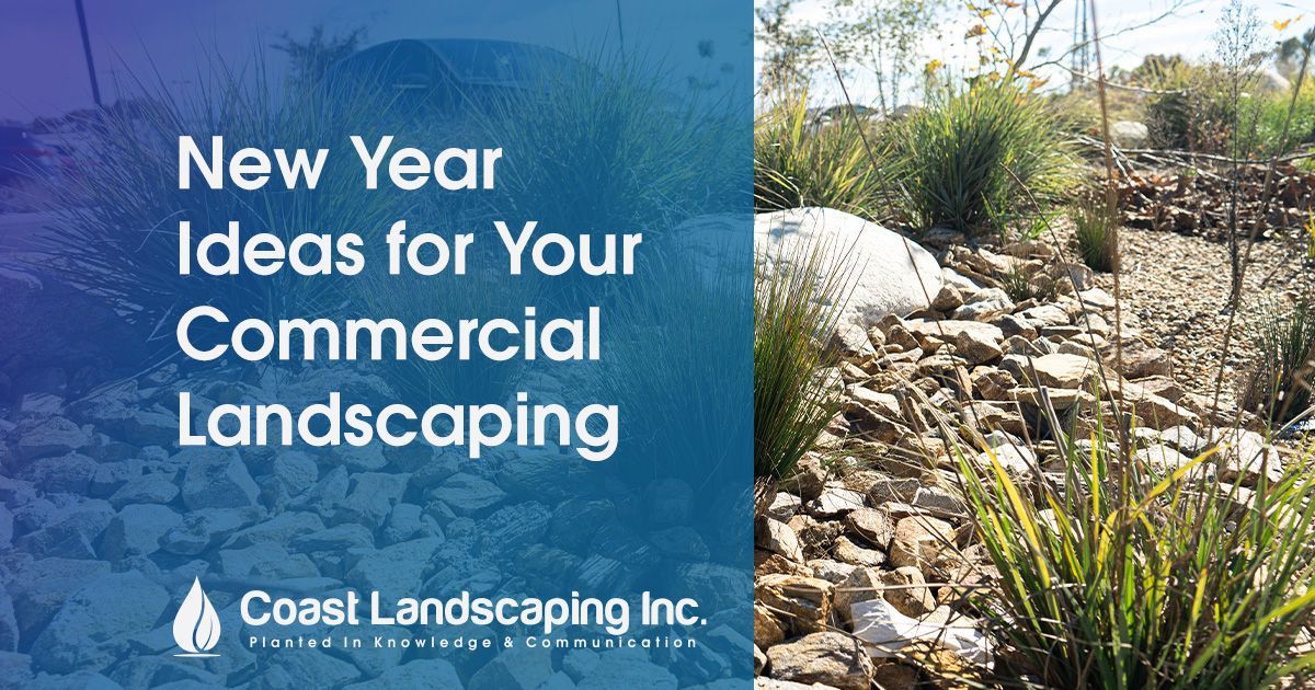 a picture of a landscape with the words `` new year ideas for your commercial landscaping '' .