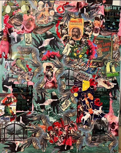 A collage of various images and objects on a wall.