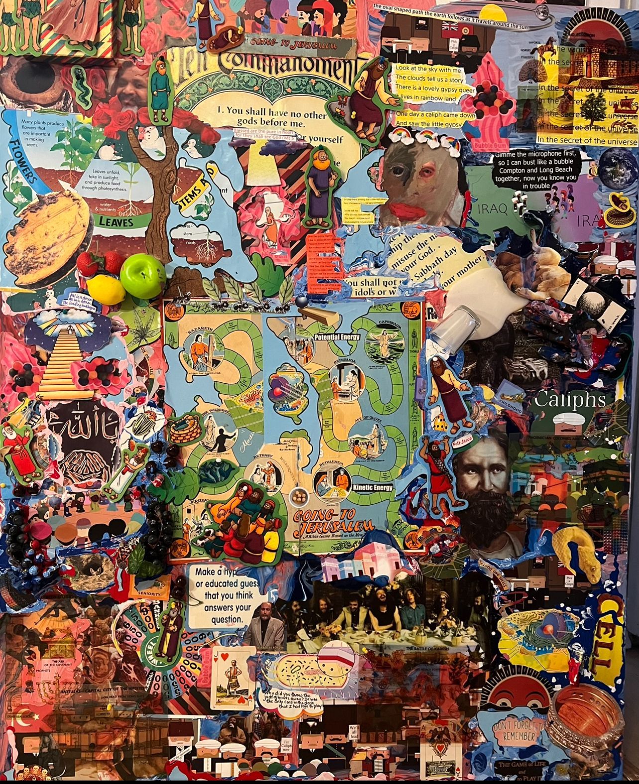 A colorful collage with a map of the world on it