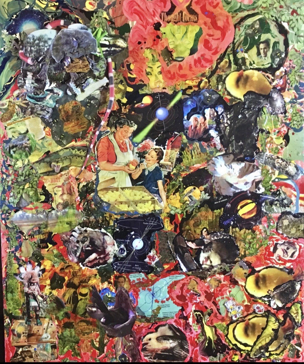 A colorful collage with a man playing a guitar