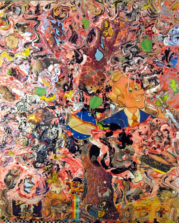 A painting of a man holding an umbrella in front of a tree