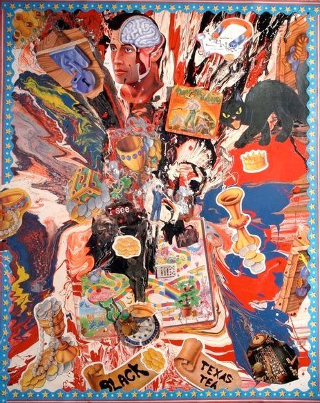 A painting with a texas tea sticker on it