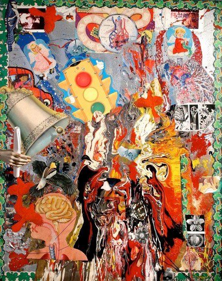 A colorful painting with a bell in the middle