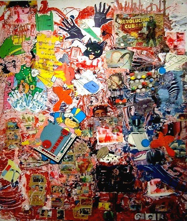 A colorful collage with a sign that says revolucion cubana