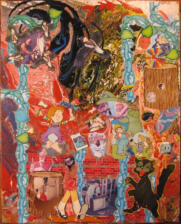 A colorful painting with a black cat in the middle