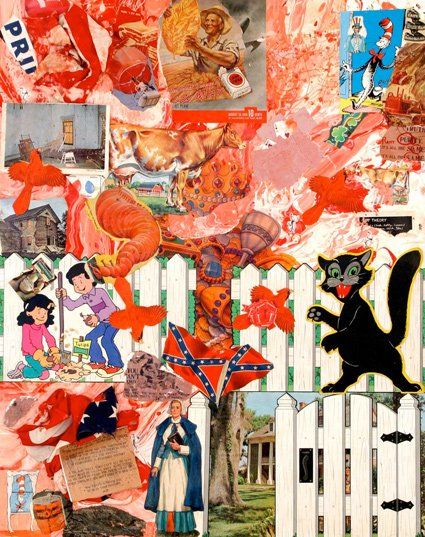 A collage of pictures with a black cat and a white picket fence