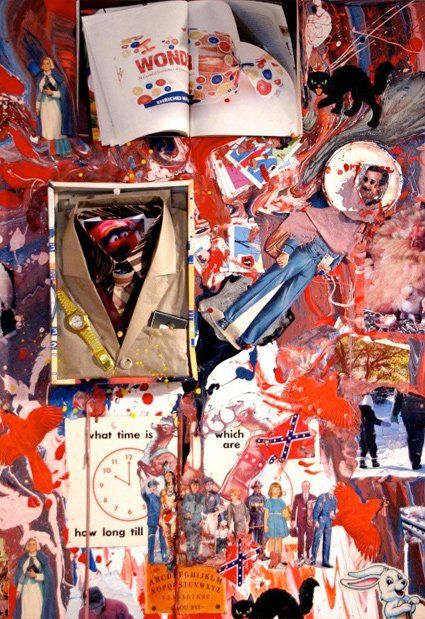 A painting with a black cat and a shirt that says wow