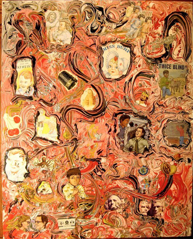 A painting of a group of people with a sign that says free blind