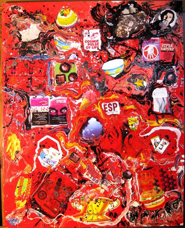 A red painting with esp written on it