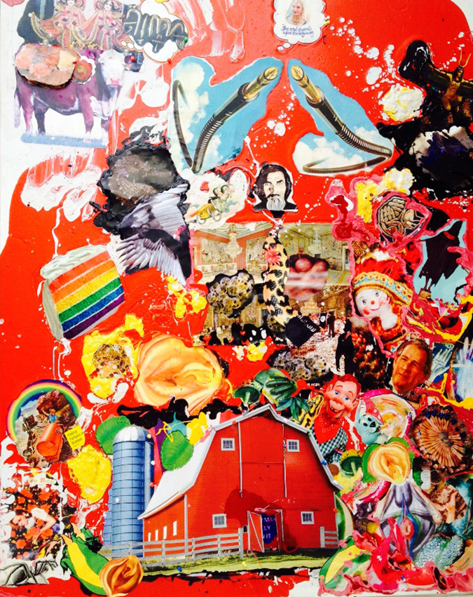 A collage of images including a red barn