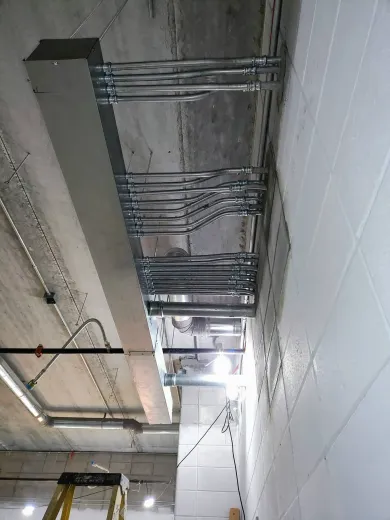 Electrical panel with black circuit breakers, wiring, and a looped cable. Gray interior setting.