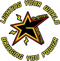 Logo: Black star with yellow and red trim; "G-Star Electric" text and lightning bolts. "Lighting Your World, Bringing You Power" circles the star.