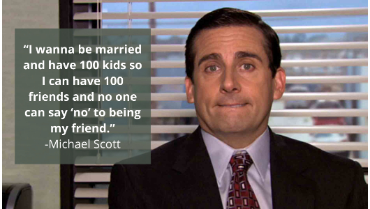 A man in a suit and tie with a quote from michael scott